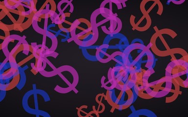 Multicolored translucent dollar signs on dark background. Red tones. 3D illustration