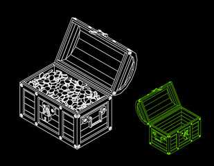 Opened wooden chest with coins. Vector outline illustration.