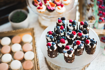 Delicious wedding reception candy bar dessert table