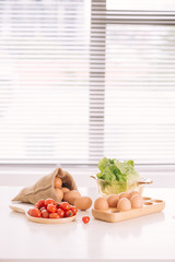Kitchen Still Life.Fresh eggs in a Sack bag.