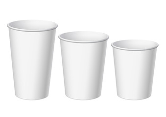 Realistic White Disposable small, big and middle Paper Cups.