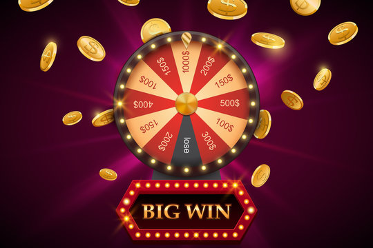 Wheel of fortune with big win banner, bright casino background with falling coins, vector illustration