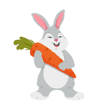 Cheerful rabbit with carrot - colorful cartoon character vector illustration