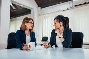 Two female executives talking.