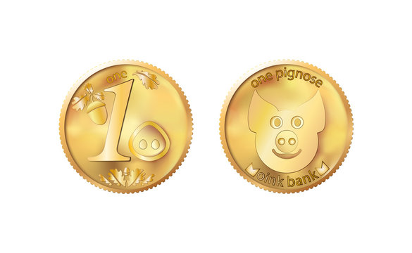 Golden coin one pig nose. Heads and tails for decoration and design. New year 2019 oink bank with the image piglet. Vector illustration in concept of save money or open a bank deposit