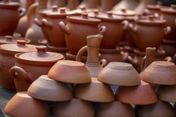 Fototapeta na wymiar pottery, pots, pitchers in the village market