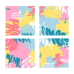 Obraz premium Vector illustration, set of hand drawn abstract backgrounds with paint blots, spots, dots and lines with space for text.