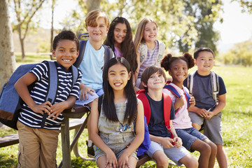 Multi-ethnic group of schoolchildren on school trip, close up