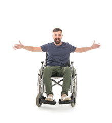 Fototapeta na wymiar Happy man in wheelchair on white background