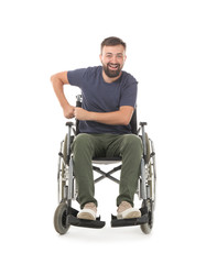 Fototapeta na wymiar Happy man in wheelchair on white background