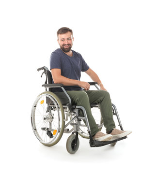 Happy Man In Wheelchair On White Background