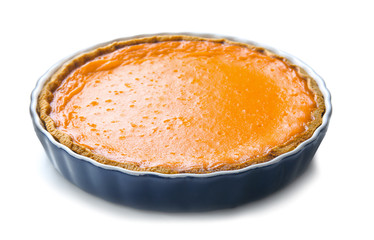Tasty pumpkin pie on white background