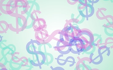 Multicolored translucent dollar signs on white background. Green tones. 3D illustration