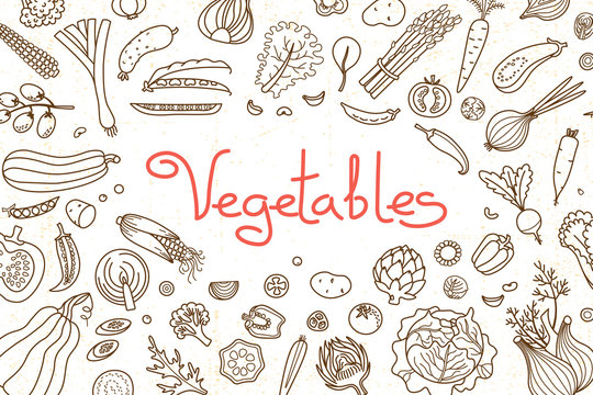 Background with various vegetables and an inscription for menu design, recipes and product packaging. Vector illustration