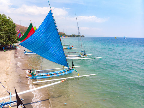 Colorful of sailboat  on the beach at Jimbarab bay Indonesia