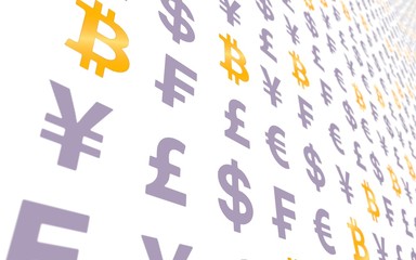 Bitcoin and currency on a white background. Digital Cryptocurrency symbol. Business concept. Market Display. 3D illustration