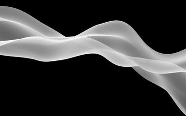 Abstract white wave. Bright white ribbon on black background. White scarf. Abstract smoke. Raster air background. 3D illustration