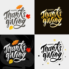 Happy Thanksgiving lettering Calligraphy Brush Text Holiday Vector Sticker Gold Set