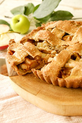Traditional American Thanks Giving pie, whole & halved apples, cinnamon sticks, anise seeds. Homemade fruit tart baked to golden crust with ingredients. Close up, copy space, top view, background.