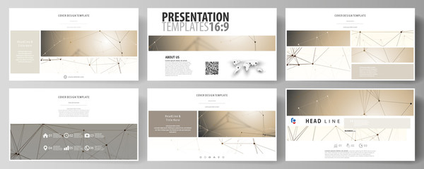 Fototapeta na wymiar Business templates in HD format for presentation slides. Abstract vector layouts in flat design. Technology, science, medical concept. Golden dots and lines, cybernetic digital style. Lines plexus.