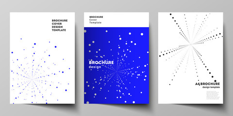 The vector layout of A4 format modern cover mockups design templates for brochure, magazine, flyer, booklet, annual report. Geometric technology background. Abstract monochrome vortex trail.