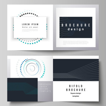 The vector illustration of the editable layout of two covers templates with simple geometric background made from dots, circles, rectangles for square design bifold brochure, magazine, flyer, booklet.