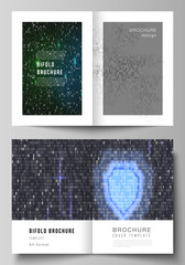 Fototapeta na wymiar Vector layout of two A4 format modern cover mockups design templates for bifold brochure, flyer, booklet. Binary code background. AI, big data, coding or hacker concept, digital technology background.