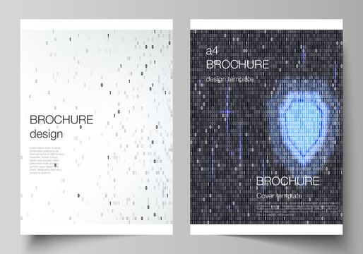 Vector layout of A4 format cover mockups design templates for brochure, magazine, flyer, booklet, report. Binary code background. AI, big data, coding or hacker concept, digital technology background