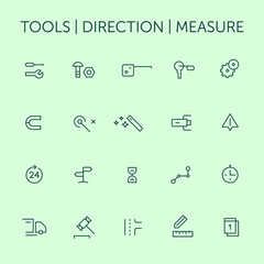 Tools. Direction. Measure. Icons set. Thin lines. Blue on green.