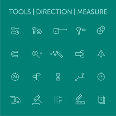Tools. Direction. Measure. Icons set. Thin lines. Blue on green v2.