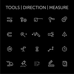 Tools. Direction. Measure. Icons set. Thin lines. White on black.