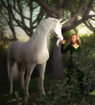 3D render of a girl and a unicorn in enchanted forest