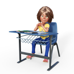 3d render of toon school girl at the desk