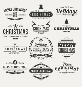 Vintage Christmas insignia set. Vector design elements, business signs, labels, badges collection