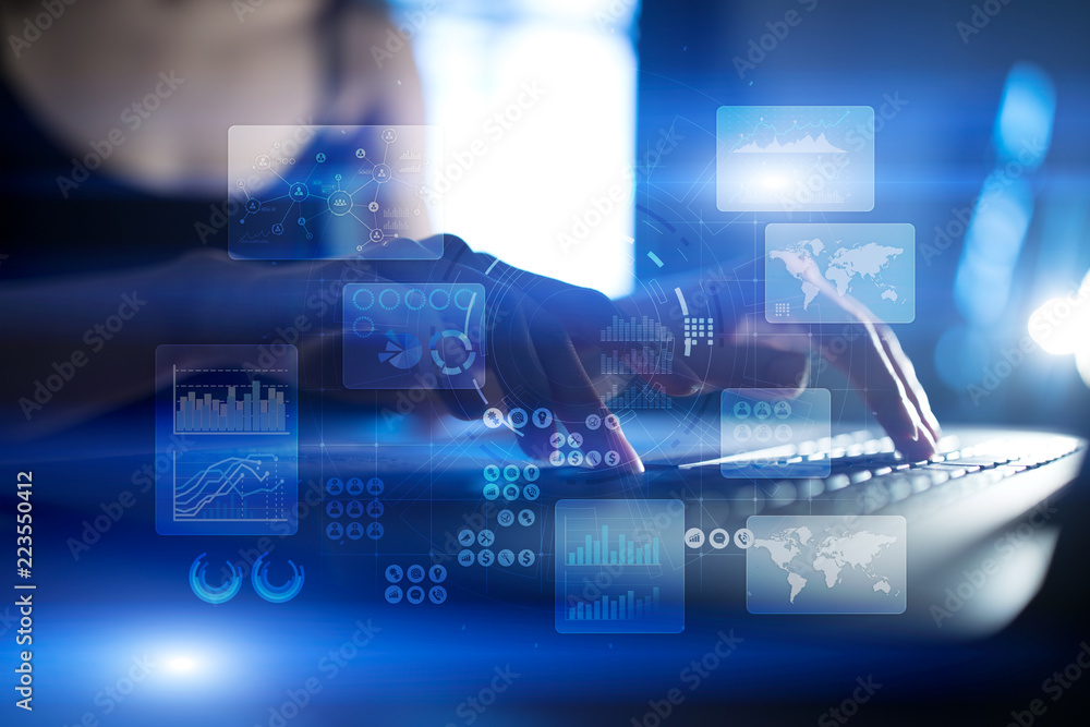 Poster virtual touch screen. project management. data analysis. hitech technology solutions for business. d
