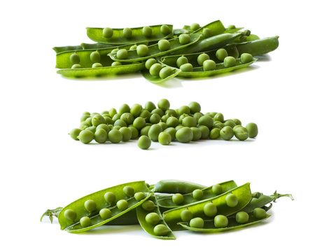 Set of green peas. Green peas isolated on a white background. Vegetables with copy space for text. Fresh green peas on a white background. Studio photo. 