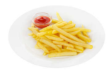 Hot appetizer French fries crispy, golden, deep-fried, fried in oil with tomato sauce, ketchup, before alcohol, food on plate, white isolated background Side view. For the menu, restaurant, bar, cafe
