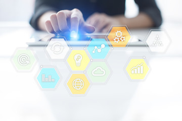 Colored applications icons and graphs on virtual screen. Business, internet and technology concept.