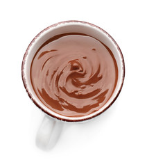 Cup of hot chocolate on white background