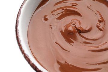 Cup of hot chocolate on white background, closeup