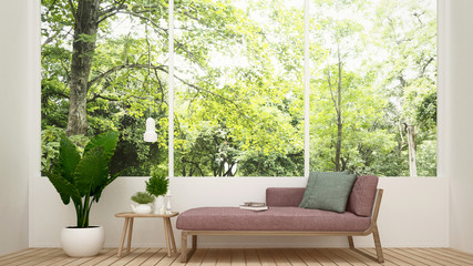 Daybed in living room and nature view - Living room in house or apartment on forest view background - Interior simple design - 3D Rendering