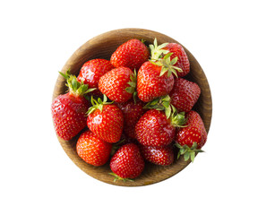 Top view. Bowls with strawberries isolated on white background. Ripe strawberries with a basil leaf close-up. Sweet and juicy berry with copy space for text.