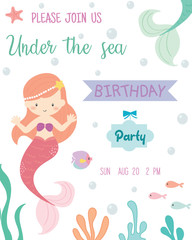 Cute mermaid theme birthday party invitation card vector illustration.