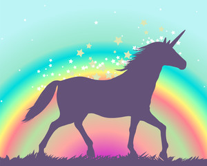 Silhouette of a unicorn on a rainbow background
