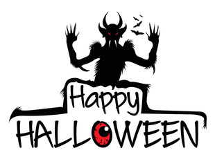 Decorative happy halloween text with scary monster silhouette