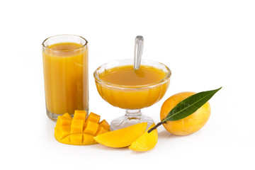 A single mango with Mango slices mango juice  and mango cubes isolated on a white background