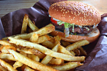 Close up burger and fries, shallow focus