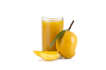 A single mango with Mango slices mango juice  and mango cubes isolated on a white background