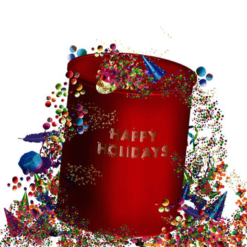 Dessin abstrait d'un coffret cadeau fictif avec cascade de confettis, cotillons, boules pour de joyeuses f&ecirc;tes