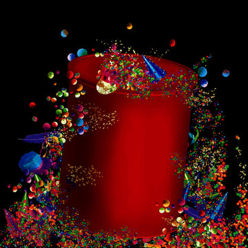 Dessin abstrait d'un coffret cadeau fictif avec cascade de confettis, cotillons, boules pour la f&ecirc;te